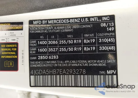 2014 Mercedes-Benz Ml 350 4Matic из США, поврежденный, VIN 4JGDA5HB7EA293278